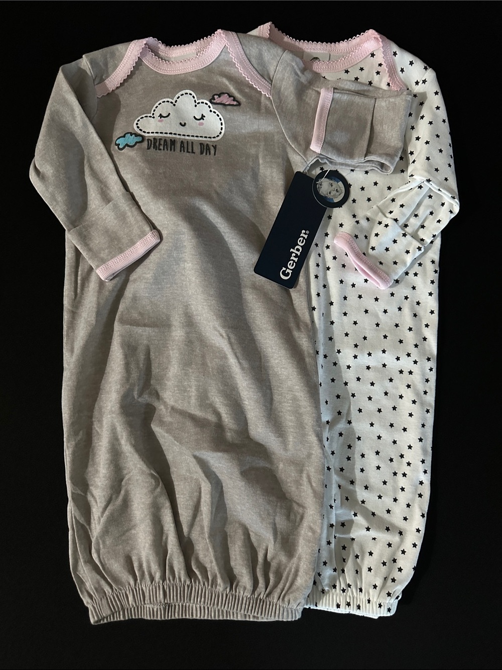 Gerber Gray & White Star and Cloud Sleep Gowns with Pink Trim - 2 Pack 0-6Mo
